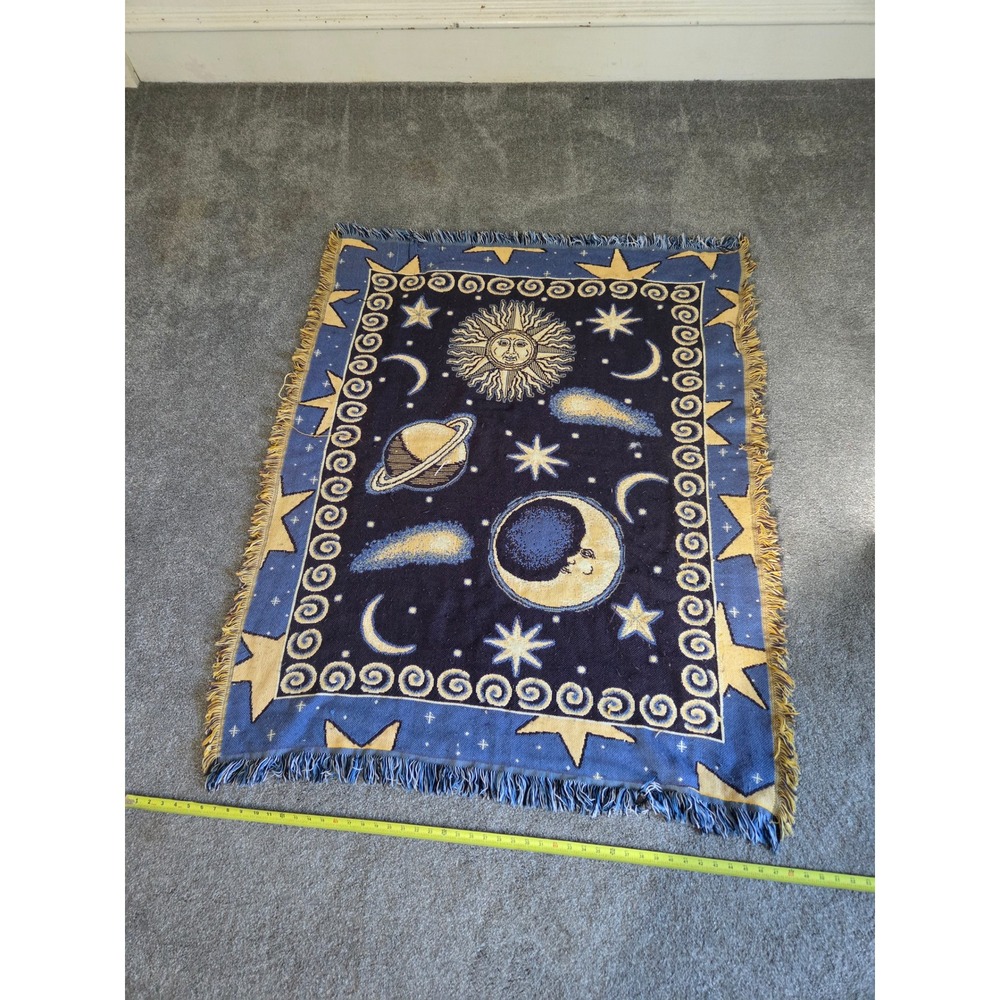 Crown Crafts Celestial Sun Moon Stars Woven Fringe Throw Blanket Blue Gold 33x46